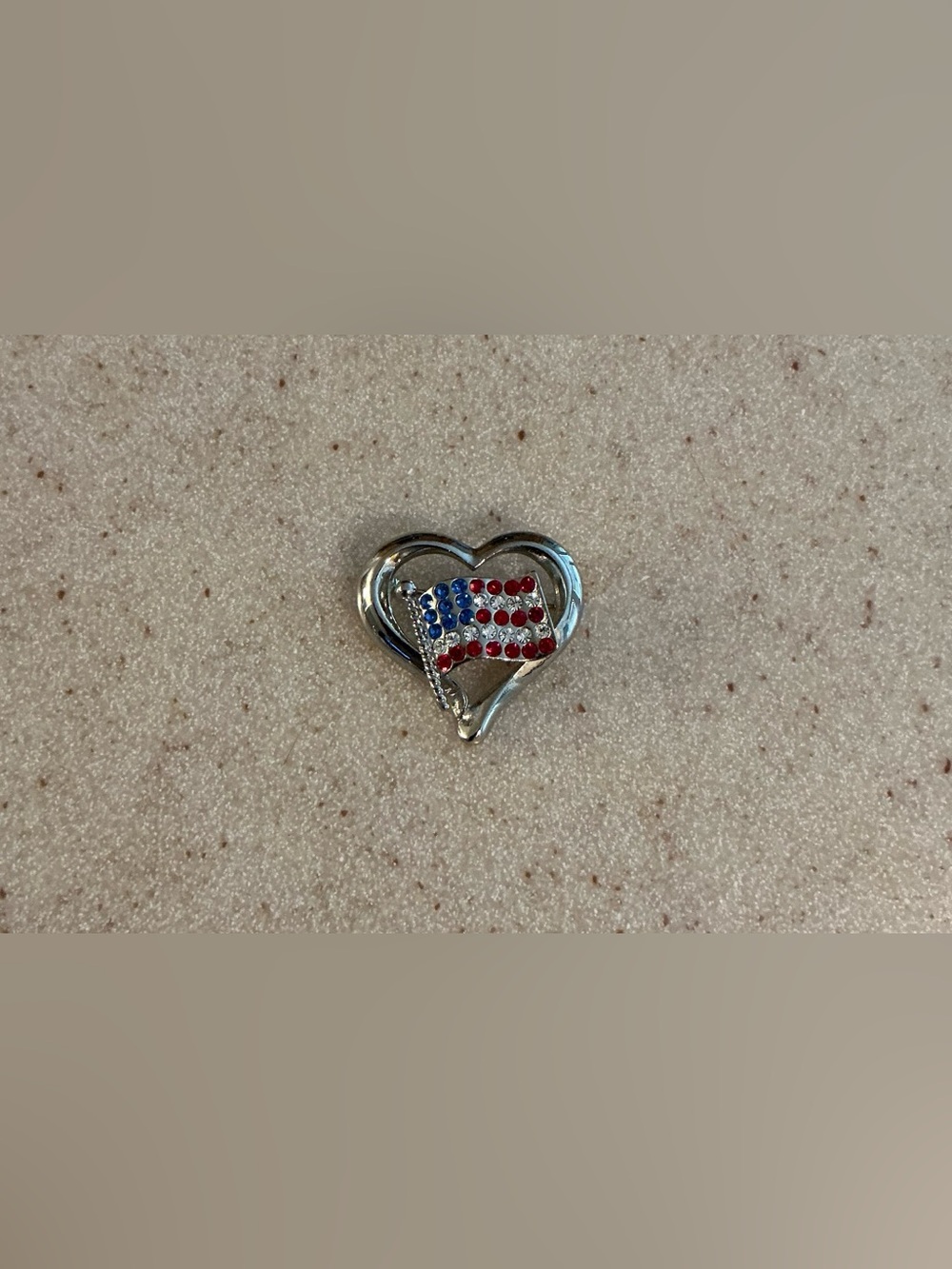 Patriotic Heart Flag Rhinestone Pin - Silver Tone